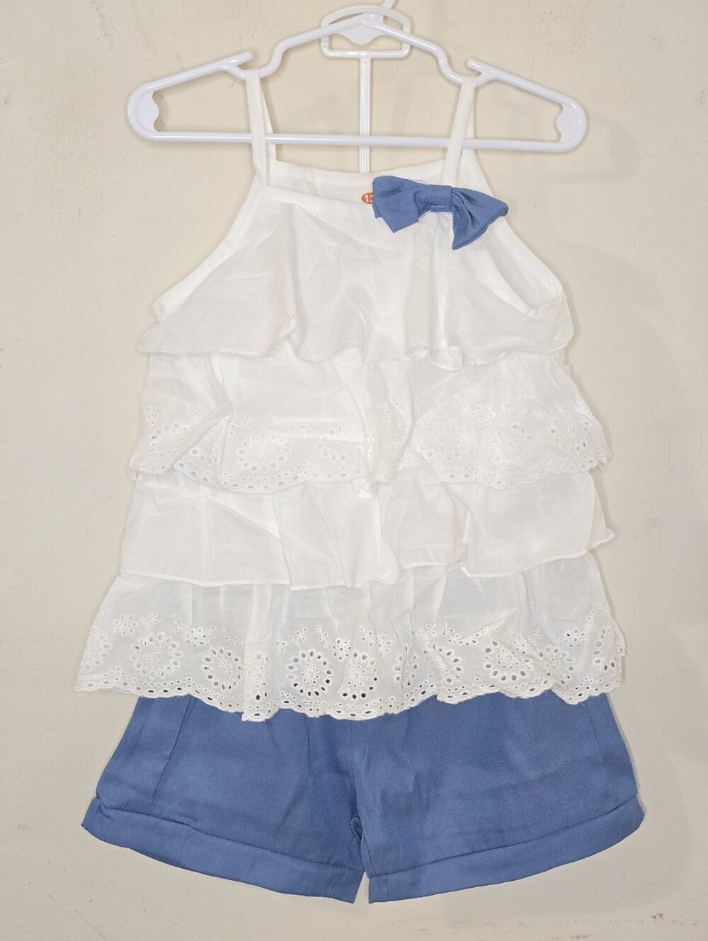 Girls White Eyelet Ruffle Tank & Blue Shorts Set Size 120 Summer Outfit Bow